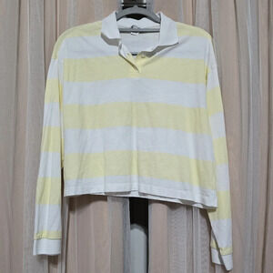 MONKI Cropped Rugby Stripe Collared Polo Shirt, White & Pale Yellow, EUC!